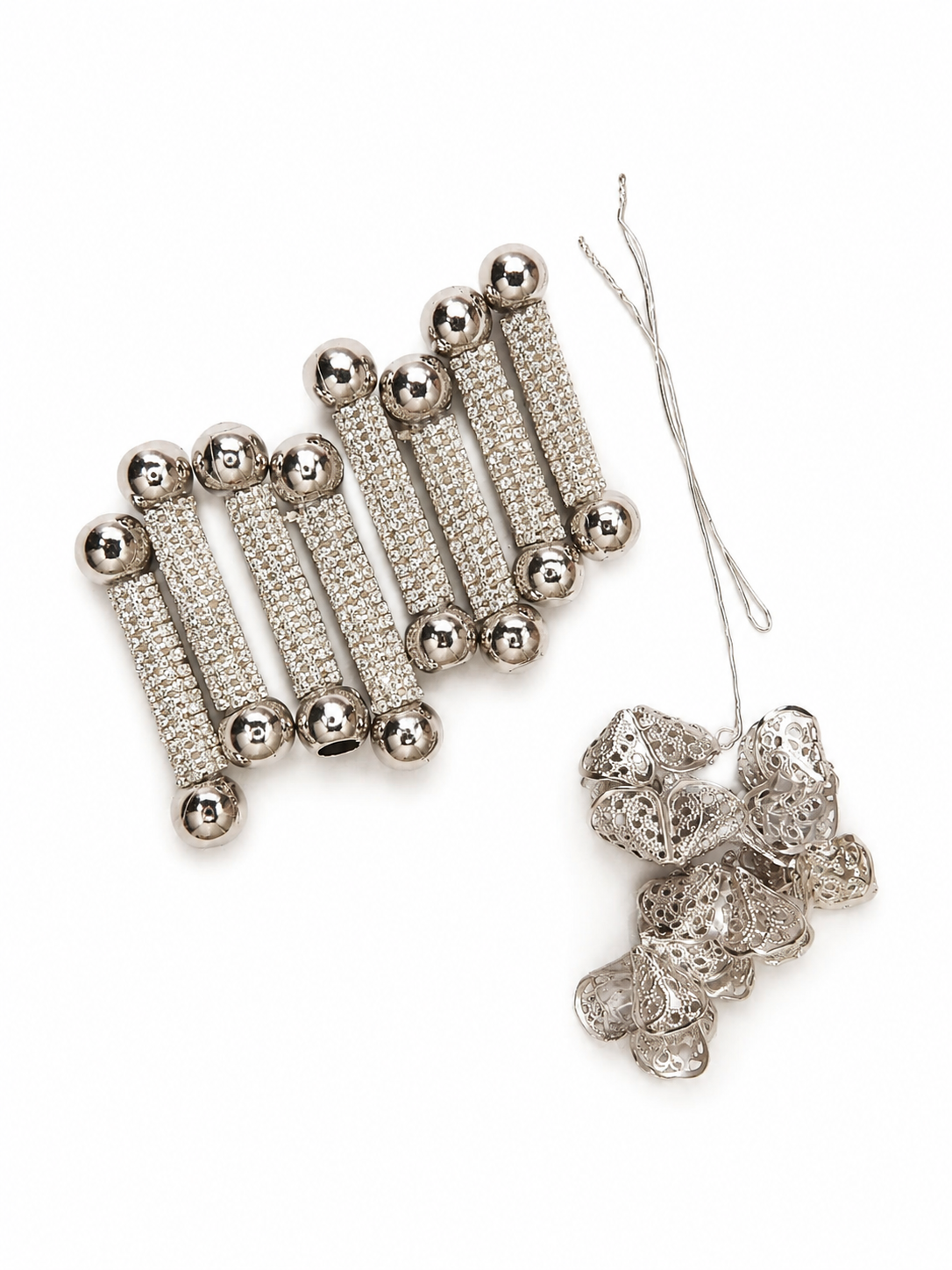 Silver Crystal Hair Braid Charms Set with Filigree Beads